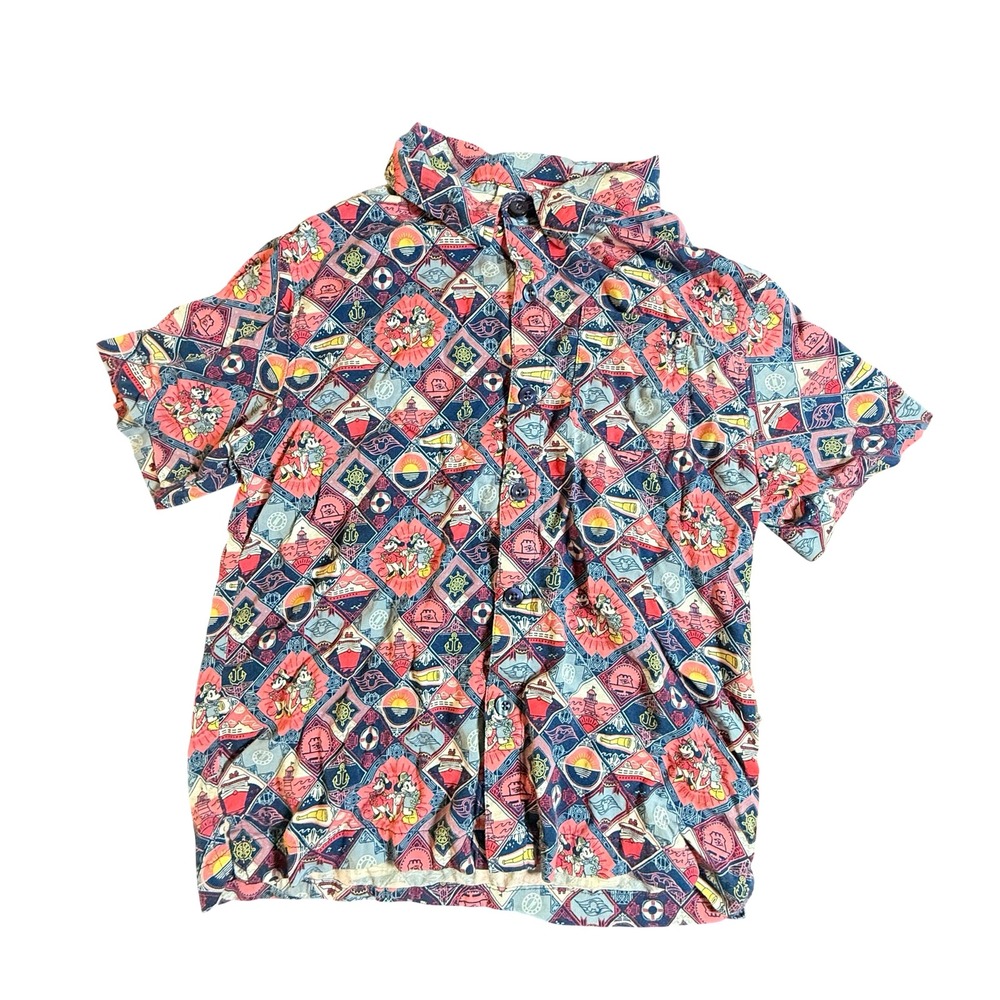 Disney Cruise Line Kids Large Mickey Minnie Nautical Button Down Shirt Hawaiian